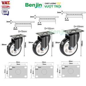 Thông số kỹ thuật Bánh xe đẩy PP tải trung mạ điện màu đen