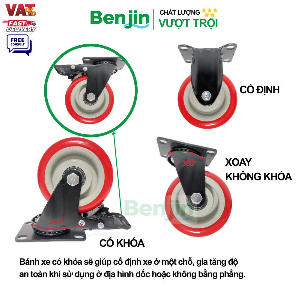 Các loại Bánh xe đẩy chịu lực PP tải trung mạ điện màu đỏ