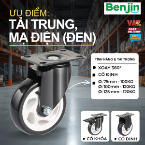 Bánh Xe Đẩy Tải Trung Nhựa PP Mạ Điện - Màu đen