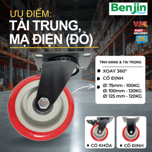 Bánh Xe Đẩy Tải Trung Nhựa PP Mạ Điện - Màu đỏ